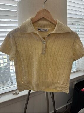 Zara Pale Yellow Sequin Polo Crop Top